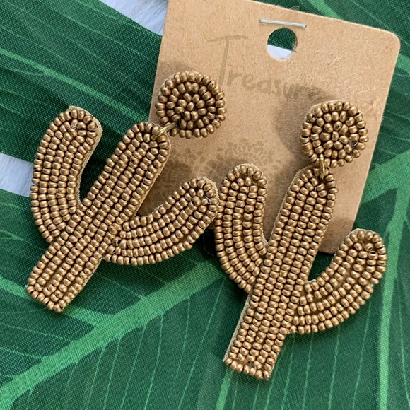 Beaded Cactus Drop Dangle Earrings - Picture 4 of 5